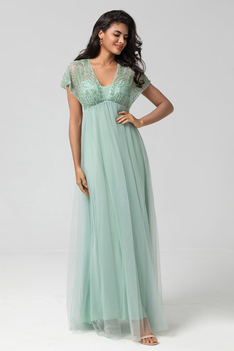 Load image into Gallery viewer, A-Line Tulle Beaded Sage Bridesmaid Dress