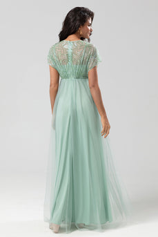 A-Line Tulle Beaded Sage Bridesmaid Dress