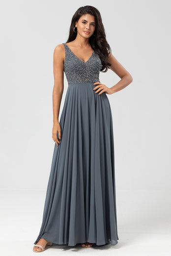 A-Line Eucalyptus Long Bridesmaid Dress with Beading