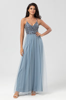 Load image into Gallery viewer, A-Line Spaghetti Straps Dusty Pink Long Bridesmaid Dress with Beading