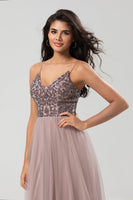 Load image into Gallery viewer, A-Line Spaghetti Straps Dusty Pink Long Bridesmaid Dress with Beading