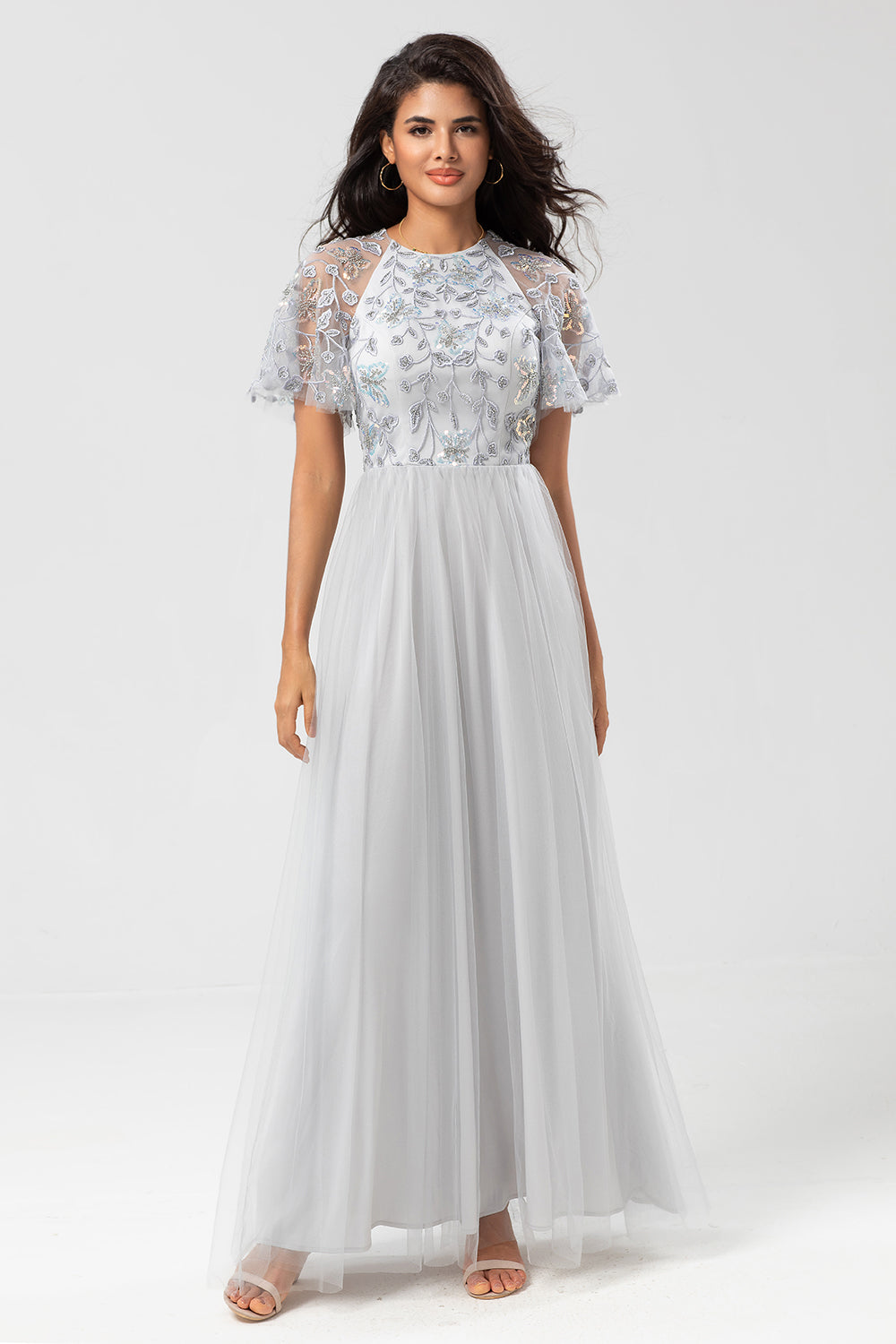 Tulle A-Line Twilight Beaded Bridesmaid Dress with Short Sleeves