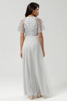 Load image into Gallery viewer, Tulle A-Line Twilight Beaded Bridesmaid Dress with Short Sleeves