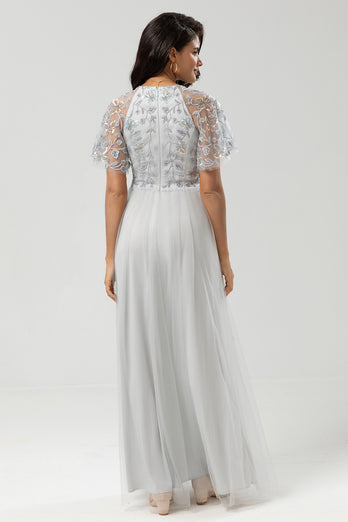 Tulle A-Line Twilight Beaded Bridesmaid Dress with Short Sleeves
