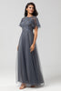 Load image into Gallery viewer, Tulle A-Line Twilight Beaded Bridesmaid Dress with Short Sleeves