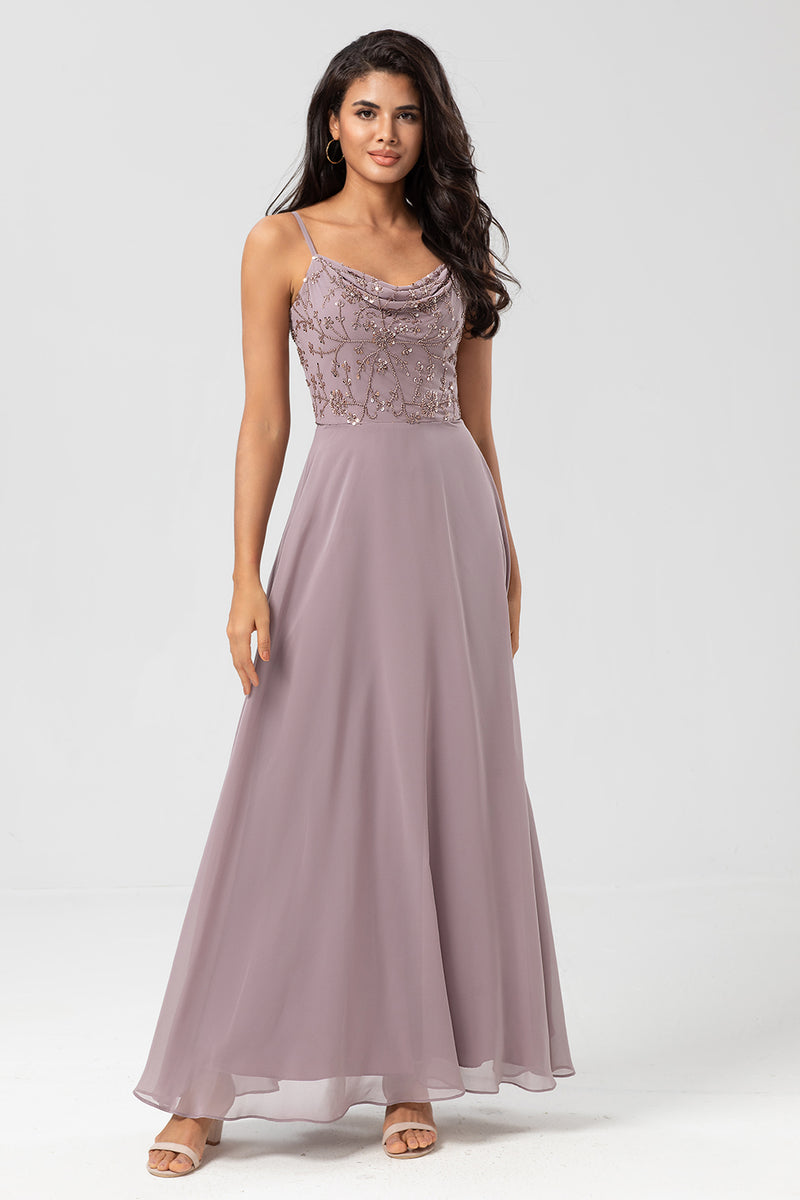 Load image into Gallery viewer, Long Dusty Sage Bridesmaid Dress with Beaded