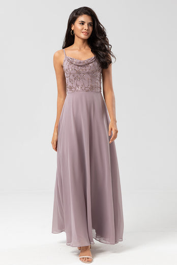 Long Dusty Sage Bridesmaid Dress with Beaded