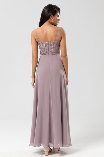 Long Dusty Sage Bridesmaid Dress with Beaded