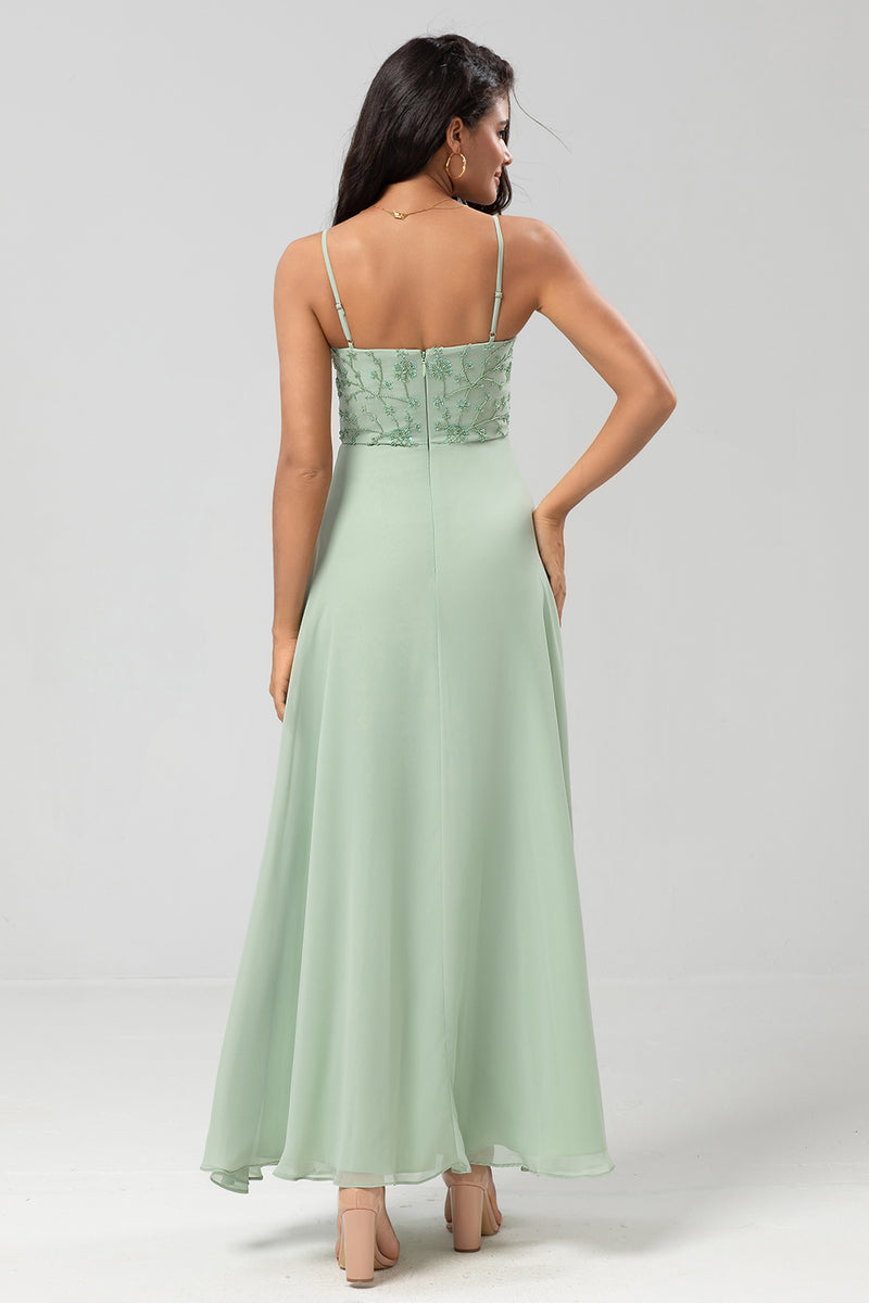 Load image into Gallery viewer, Long Dusty Sage Bridesmaid Dress with Beaded