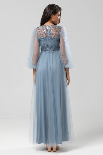 Sequins Dusty Blue Bridesmaid Dress with Long Sleeves