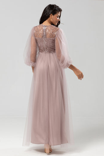 Sequins Dusty Blue Bridesmaid Dress with Long Sleeves