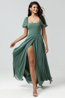 Load image into Gallery viewer, Puff Sleeves Eucalyptus Long Bridesmaid Dress with Slit