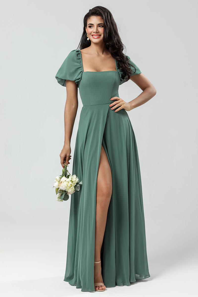 Load image into Gallery viewer, Puff Sleeves Eucalyptus Long Bridesmaid Dress with Slit