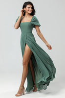 Load image into Gallery viewer, Puff Sleeves Eucalyptus Long Bridesmaid Dress with Slit