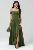 Load image into Gallery viewer, Off The Shoulder Chiffon Olive Bridesmaid Dress with Slit