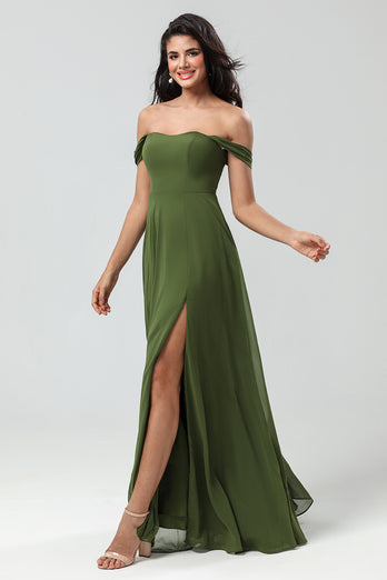Off The Shoulder Chiffon Olive Bridesmaid Dress with Slit