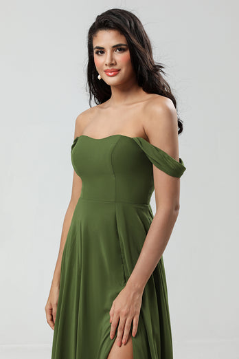 Off The Shoulder Chiffon Olive Bridesmaid Dress with Slit