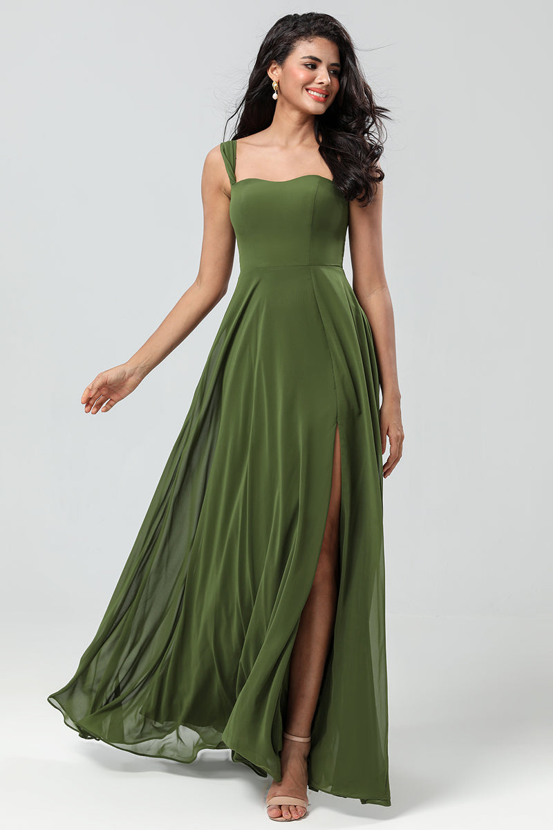 Load image into Gallery viewer, Off The Shoulder Chiffon Olive Bridesmaid Dress with Slit