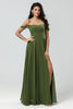 Load image into Gallery viewer, Off The Shoulder Chiffon Olive Bridesmaid Dress with Slit