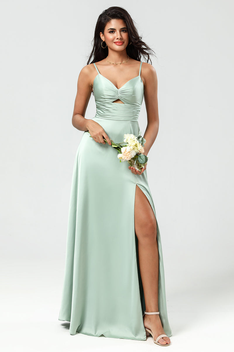 Load image into Gallery viewer, Spaghetti Straps Matcha Bridesmaid Dress with Slit