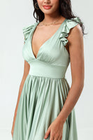 Load image into Gallery viewer, A-Line V-Neck Matcha Bridesmaid Dress with Ruffles