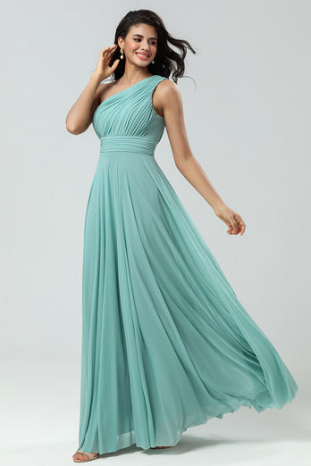 A-Line One Shoulder Sea Glass Bridesmaid Dress