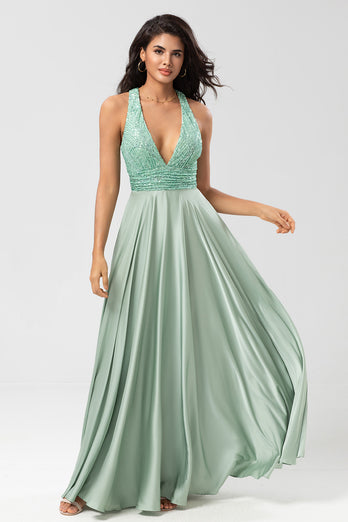 A-Line Deep V-Neck Matcha Bridesmaid Dress with Sequins
