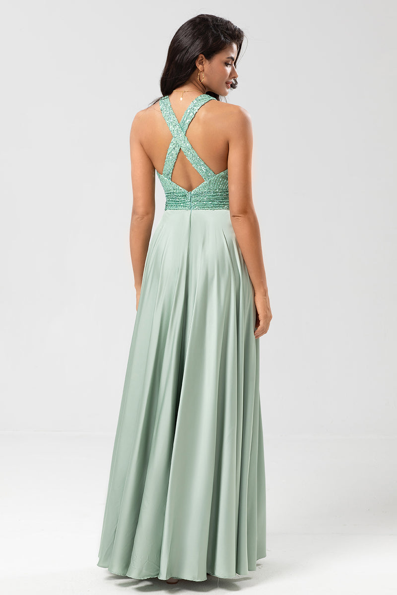 Load image into Gallery viewer, A-Line Deep V-Neck Matcha Bridesmaid Dress with Sequins