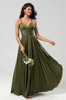Load image into Gallery viewer, A-Line Satin Olive Simple Bridesmaid Dress