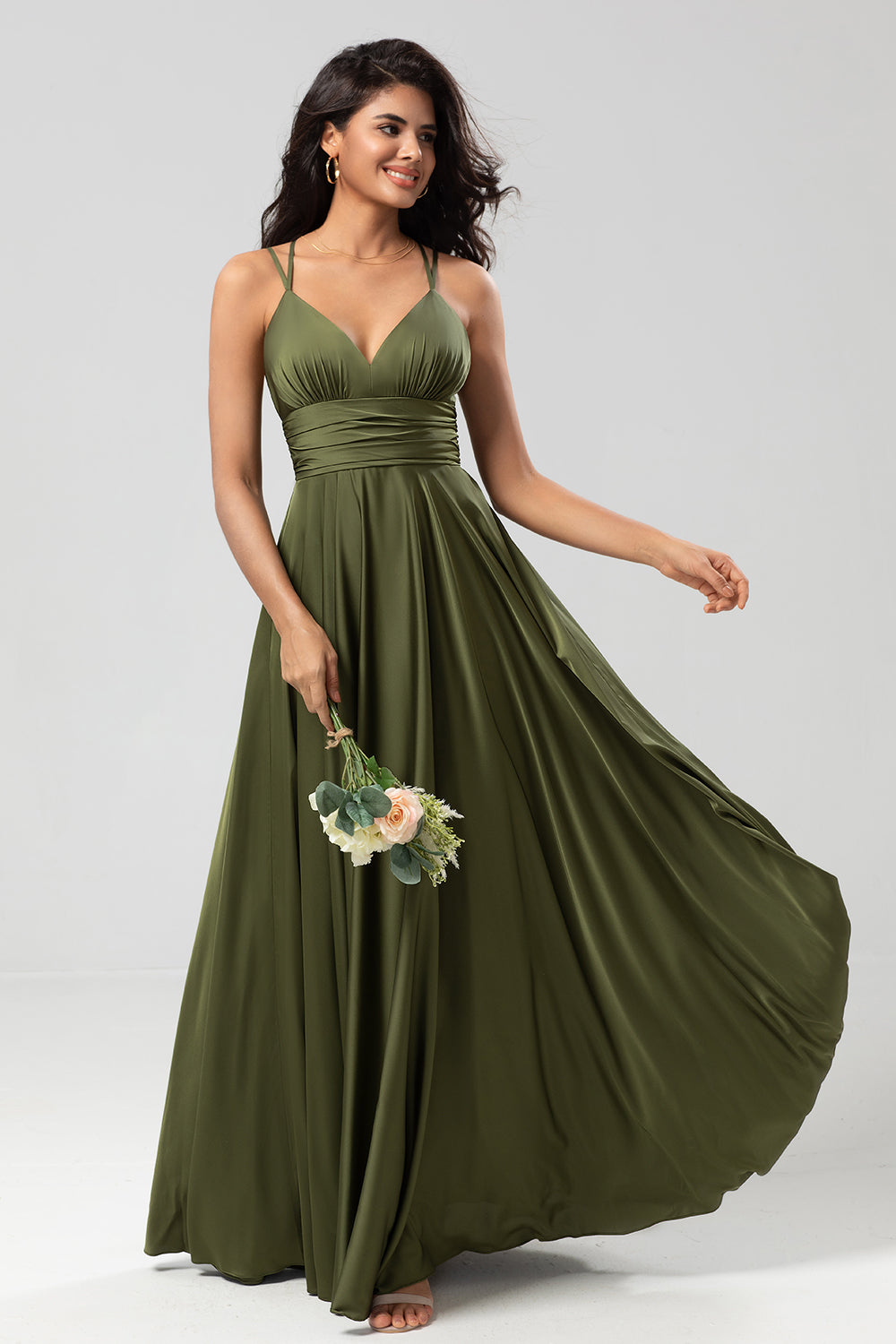 A-Line Satin Olive Simple Bridesmaid Dress