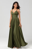 Load image into Gallery viewer, A-Line Satin Olive Simple Bridesmaid Dress