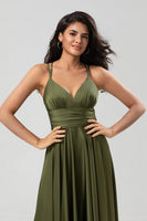 Load image into Gallery viewer, A-Line Satin Olive Simple Bridesmaid Dress