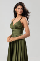 Load image into Gallery viewer, A-Line Satin Olive Simple Bridesmaid Dress