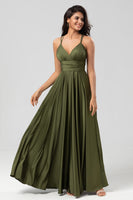 Load image into Gallery viewer, A-Line Satin Olive Simple Bridesmaid Dress