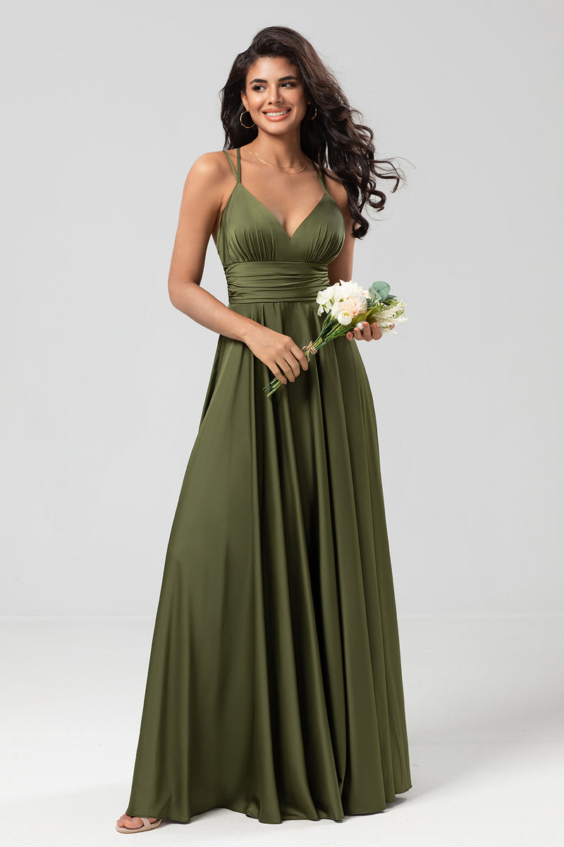 Load image into Gallery viewer, A-Line Satin Olive Simple Bridesmaid Dress