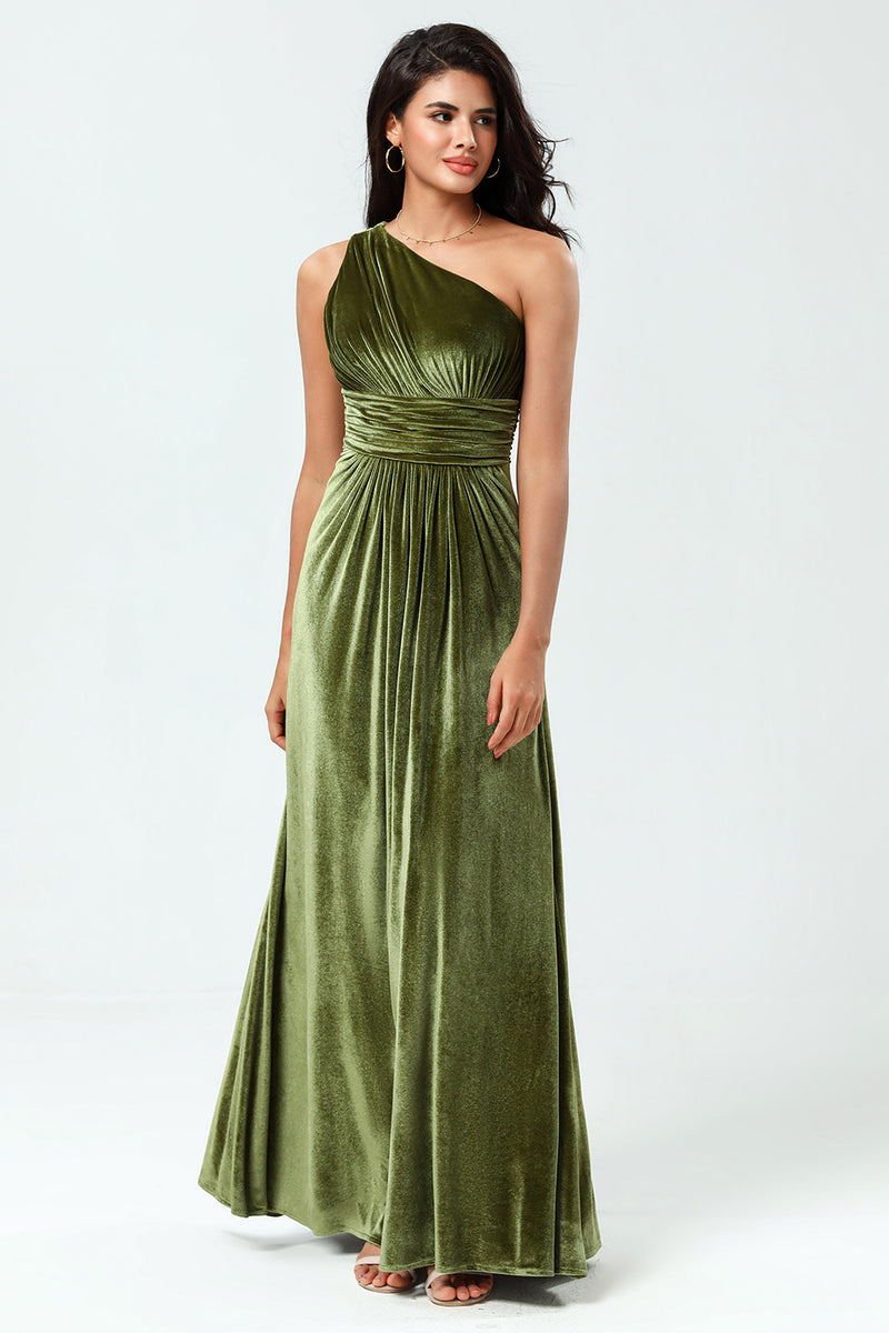 Load image into Gallery viewer, Velvet One Shoulder Olive Bridesmaid Dress