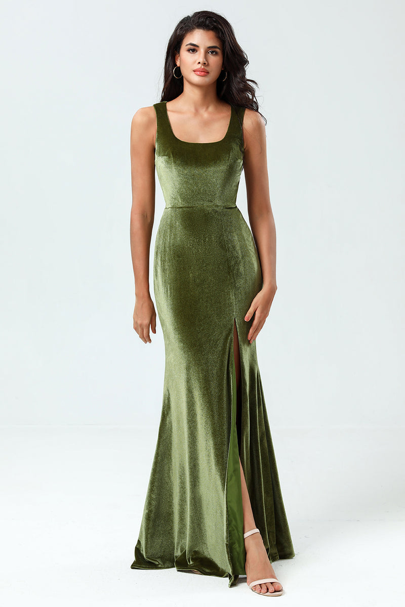Load image into Gallery viewer, Velvet Mermaid Sleeveless Olive Bridesmaid Dress with Slit