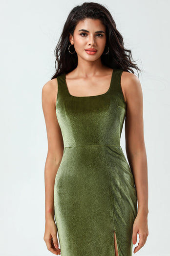 Velvet Mermaid Sleeveless Olive Bridesmaid Dress with Slit