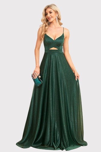 Sparkly Backless Dark Green Long Prom Dress
