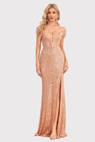 Load image into Gallery viewer, Sparkly Off The Shoulder Blush Long Prom Dress with Slit