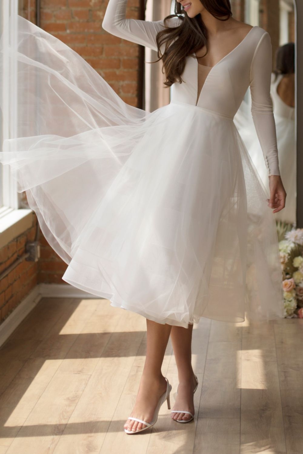 Tulle White Wedding Dress with Long Sleeves
