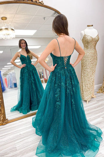 Spaghetti Straps Lace-Up Back Dark Blue Corset Prom Dress with Appliques