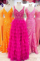 Load image into Gallery viewer, Fuchsia Princess A-Line Spaghetti Straps Sequin Tiered Long Prom Dress with Slit