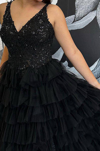 Fuchsia Princess A-Line Spaghetti Straps Sequin Tiered Long Prom Dress with Slit