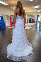 Load image into Gallery viewer, White A-Line Sparkly Sequin Ruffle Skirt Corset Prom Dress With Slit