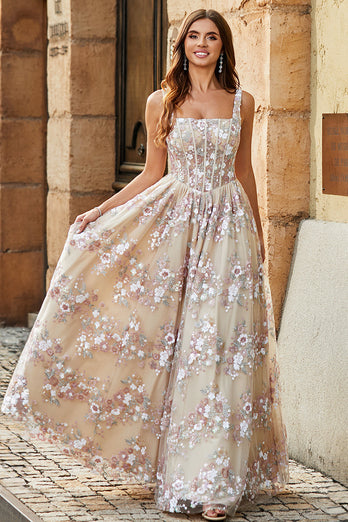 Queendancer Women Champagne A-Line Corset Long Prom Dress with Appliques Square Neck Pleated Evening Party Dress