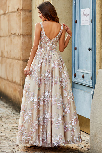 Luxurious A Line Square Neck Champagne Corset Prom Dress with Appliques