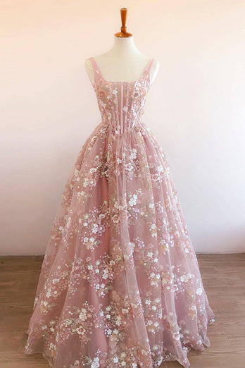 Women Floral Pink Corset Long Prom Dress Charming A Line Square Neck Formal Dress with Appliques