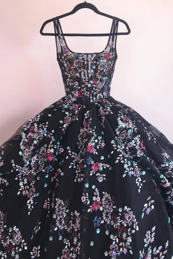 Women Floral Black Corset Long Prom Dress Charming A Line Square Neck Formal Dress with Appliques