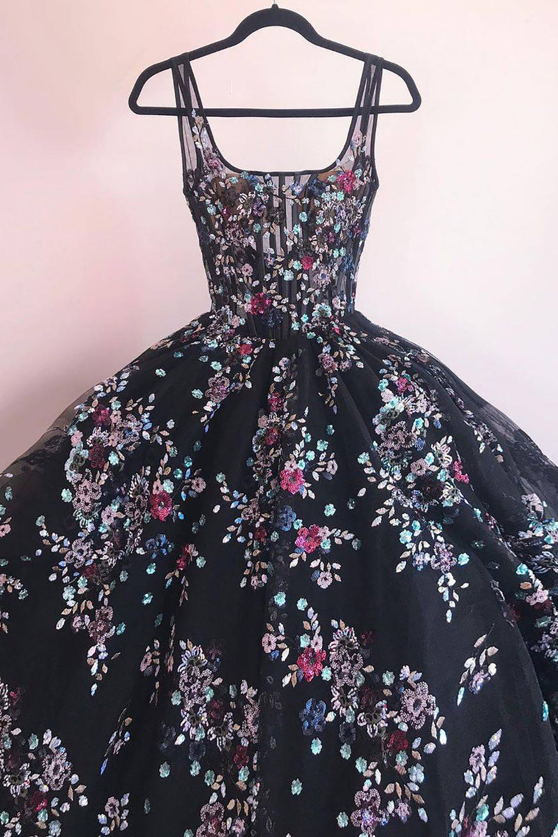 Load image into Gallery viewer, Women Floral Black Corset Long Prom Dress Charming A Line Square Neck Formal Dress with Appliques